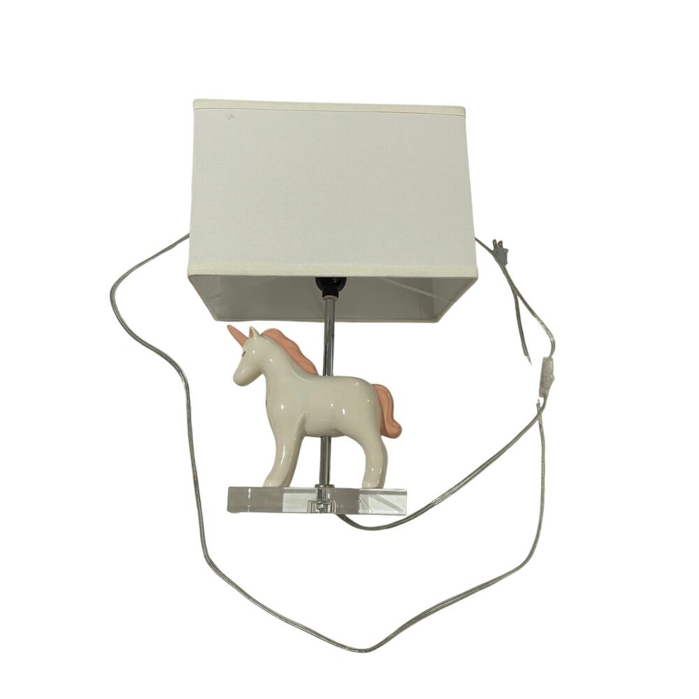 Pottery Barn retired ceramic unicorn lamp acrylic base 8’cord euc like
New